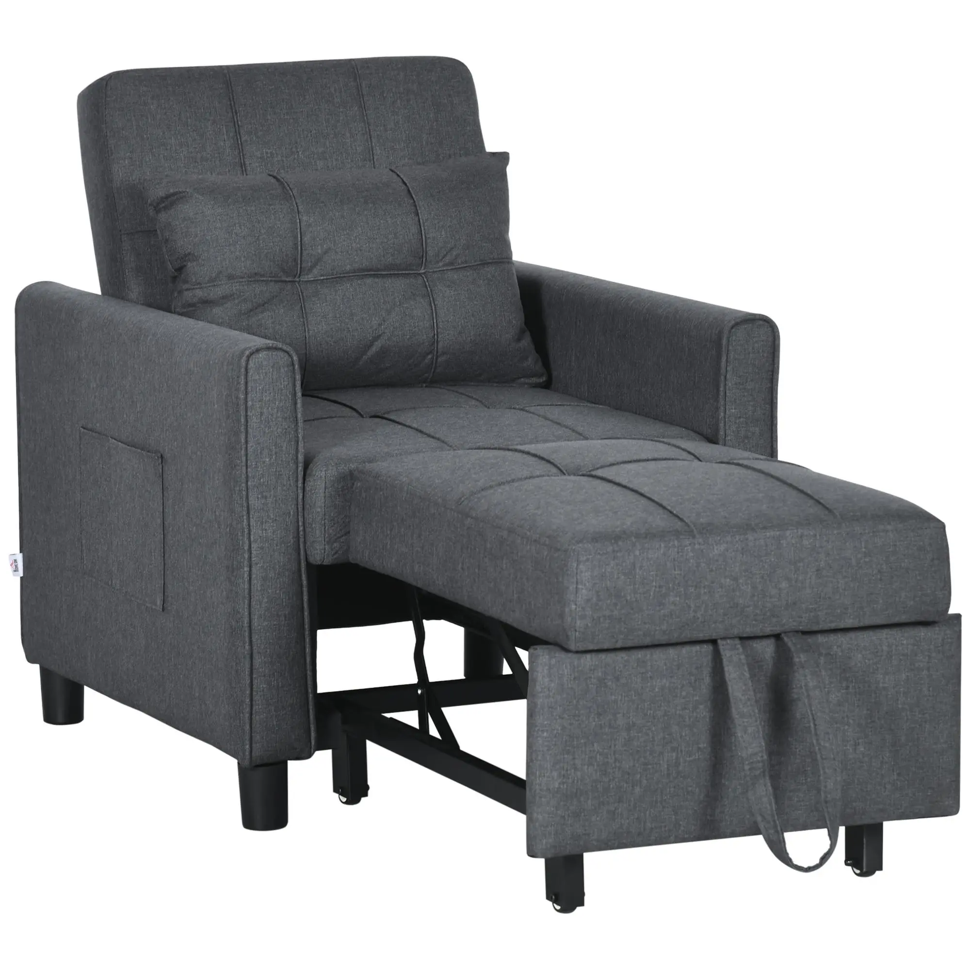 HOMCOM 3-in-1 Convertible Upholstered Chair-Bed Recliner, Portable Dual-Use Fold-Up Adjustable Padded Sofa Couch with Adjustable Backrest, Pillow, Pockets, Gray, Convertible Chair-Bed Recliners, Dual Use Recliners