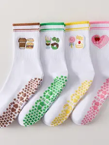 4 Pairs Women's Non-Slip Socks, Cute Embroidered Patterns, Sporty Casual Style, Yoga, Pilates, Ballet Dance, Perfect Gift Choice