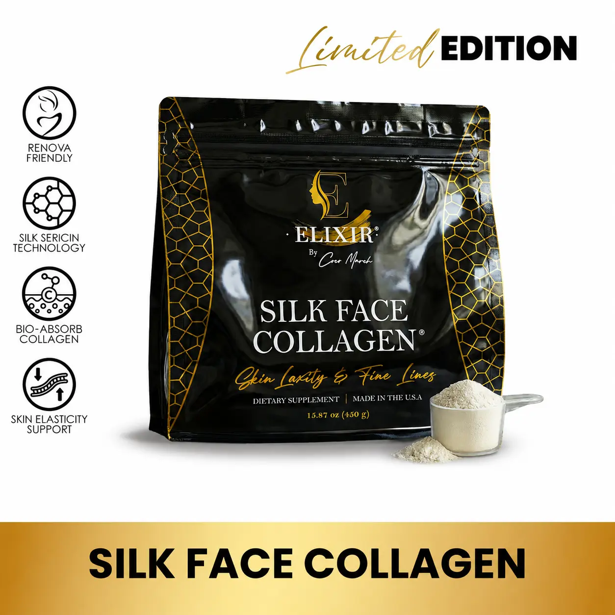 Coco March Silk Face Collagen - Formulated for Face & Neck | Sericin-Activated Ultra Low Molecular Weight Collagen – Supports Skin Elasticity and Smooth Appearance – 14g Protein – 15.87 oz (450g) NO Taste-Dissolves Instantly