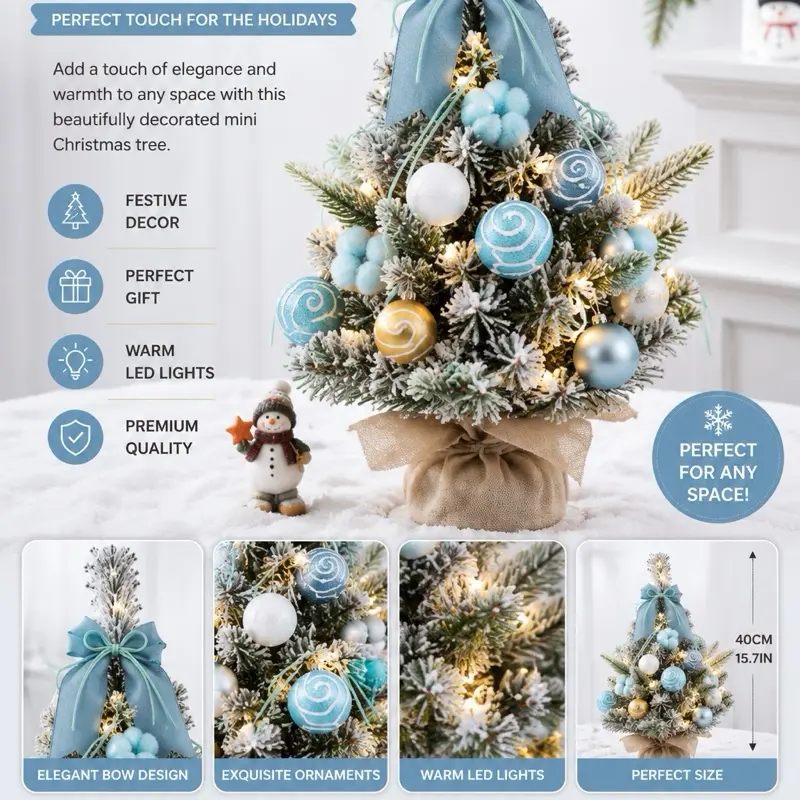 40CM Mini Christmas Tree with LED Lights – Snow Flocked Tabletop Holiday Decor 15.7 inches