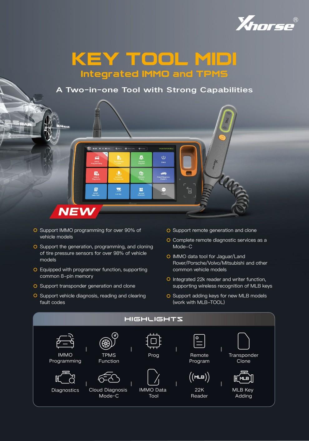 Xhorse Key Tool MIDI Basic Version 2-in-1 IMMO Programming & TPMS Function for Automotive Professionals