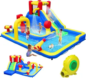 JOYMOR 10-in-1 Inflatable Water Slide Bounce House w/Deeper Pool, Obstacle Course, Climbing Wall, 1min Blow Up Water Slides for Kids Backyard Party Gift