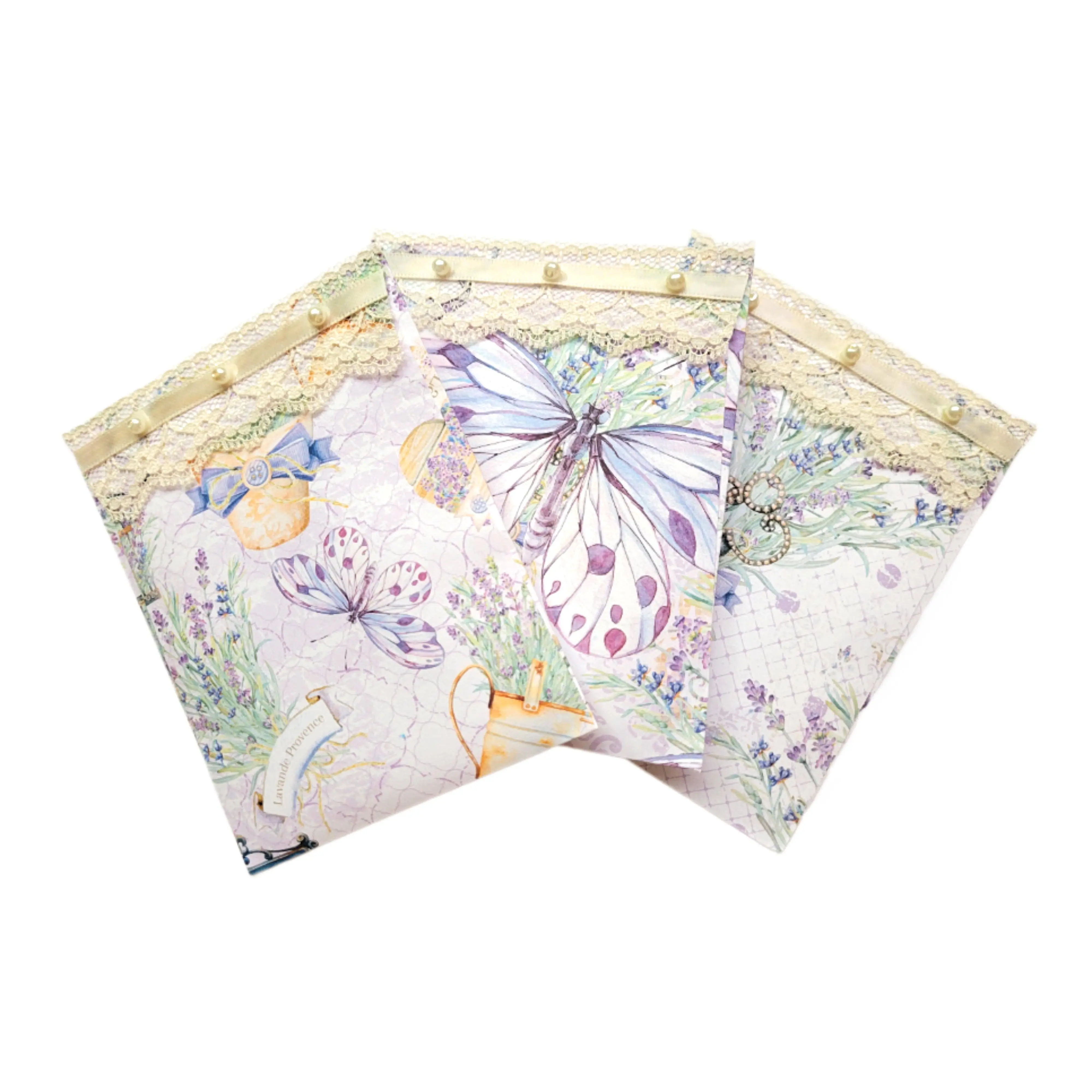 Chic Brico Pearls & Lace Lavender Scented Drawer, Closet & Car Sachets, Large Size 4" x 5", 3-Pack