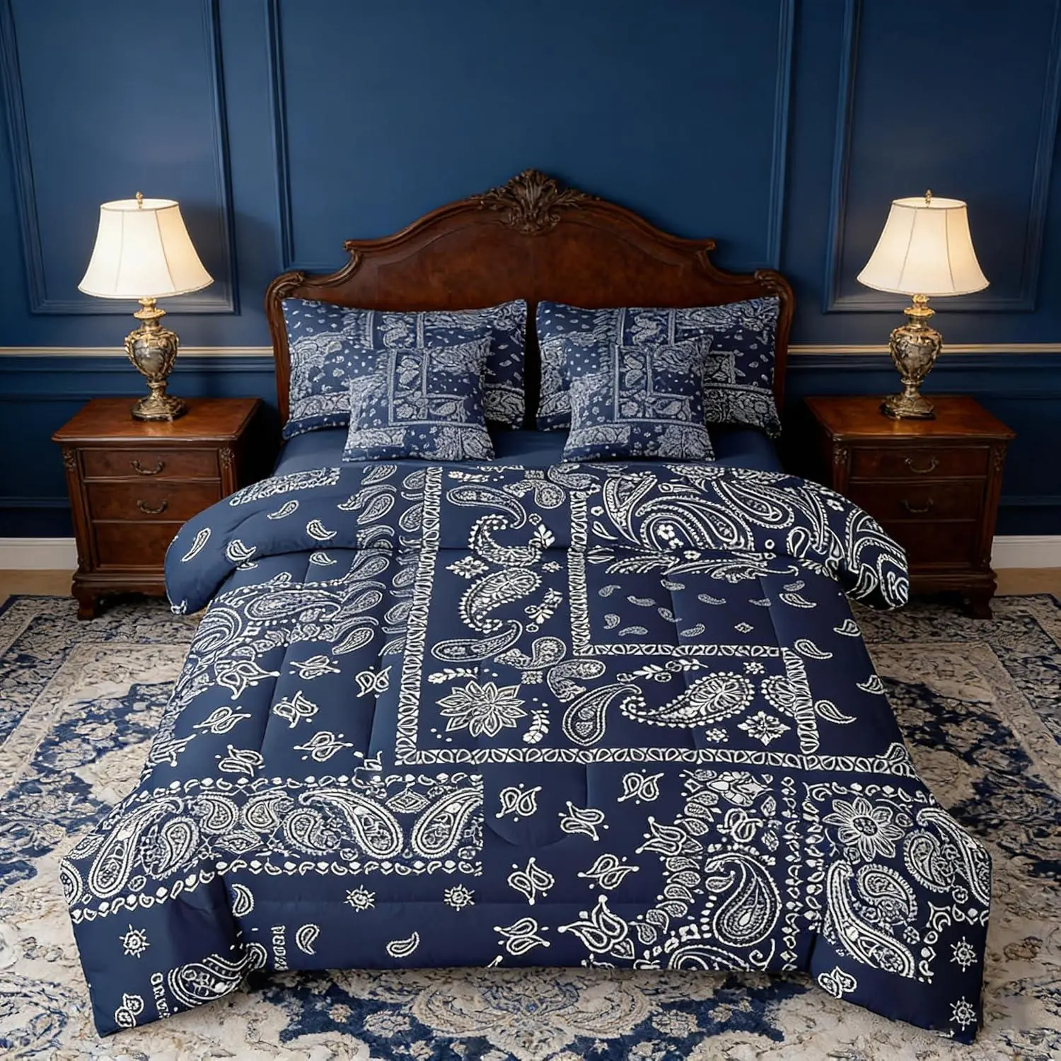 7pcs Boho Paisley Comforter Set,Jacquard Paisley Flower Bedding Set,Navy Blue and White Floral Print Bed in A Bag with Comforter,Sheets and Pillowcases,Teens Women Adults Room Decor