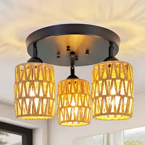 Handmade Hemp Rope 3-Lights Ceiling Light, E26*3 Base Rustic Flush Mount Indoor Light Fixture, Elegant Woven Natural Fiber Ceiling Lamp, Boho Farmhouse Decorative Light for Bedroom, Living Room, Hallway, Dining Room