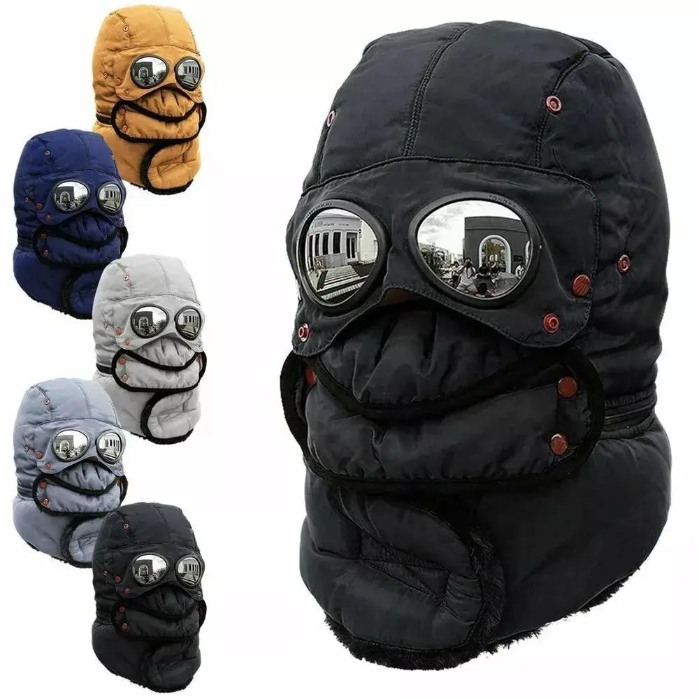 Winter Warm Hat with Detachable Goggles and Face Shield - Windproof Brushed Lined Ski Hat with Ear Flaps, Lightweight and Warm, Unisex, Multiple Colors Available (Black, Gray, Navy Blue, Beige, Yellow) - Ideal for Skiing