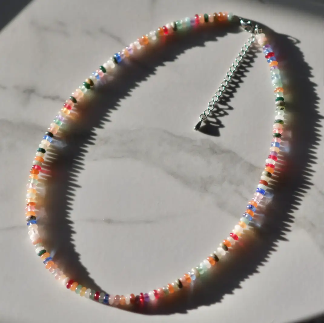 Mixed Rondelle Gemstone Beaded Necklace, Disc Gemstone Beaded Necklace, Waterproof Crystal Beaded Choker, Gold-Filled, Stainless Steel