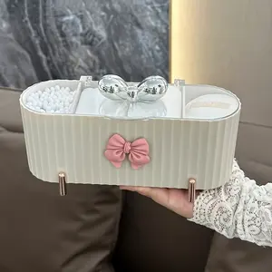 1 Piece Cute Bowknot 3-Compartment Makeup Organizer - Large Capacity Transparent Lid Storage Box, Suitable for Cotton Swabs, Puff, and Cosmetics, Perfect Bathroom Decoration and Holiday Gift, Makeup Storage Organizer Light Gray