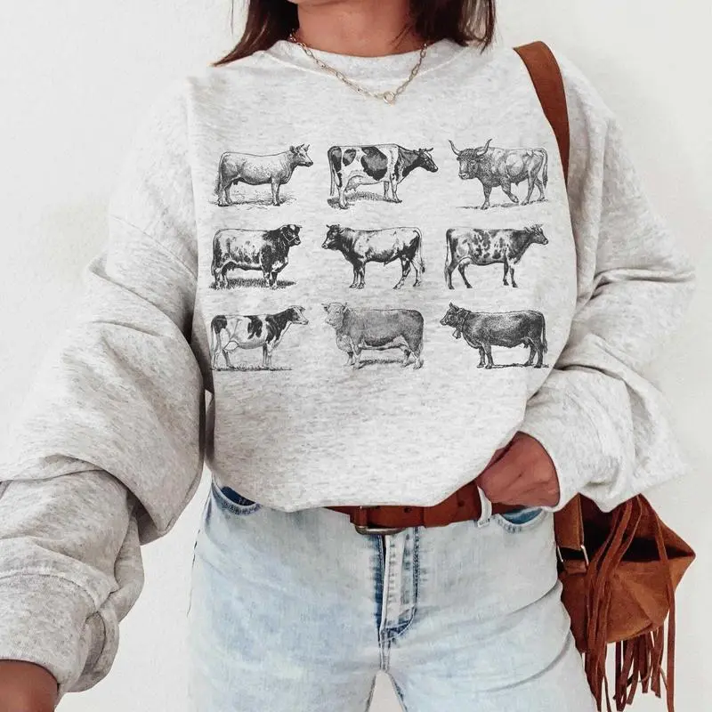 Vintage Cow Graphic T-Shirt / Sweatshirt / Hoodie, Cute Bull Farmer Mom Short sleeve shirt or sweatshirt, Gift for Cow Lover, Cotton Fabric ITY