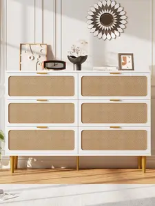 6 Drawer Dresser for Bedroom  Large Modern Double Dresser for Closet with Wide Top  Rattan Chest of Drawers with Deep Drawers  Horizontal Wooden Dresser for Hallway  Living Room  Wood Color