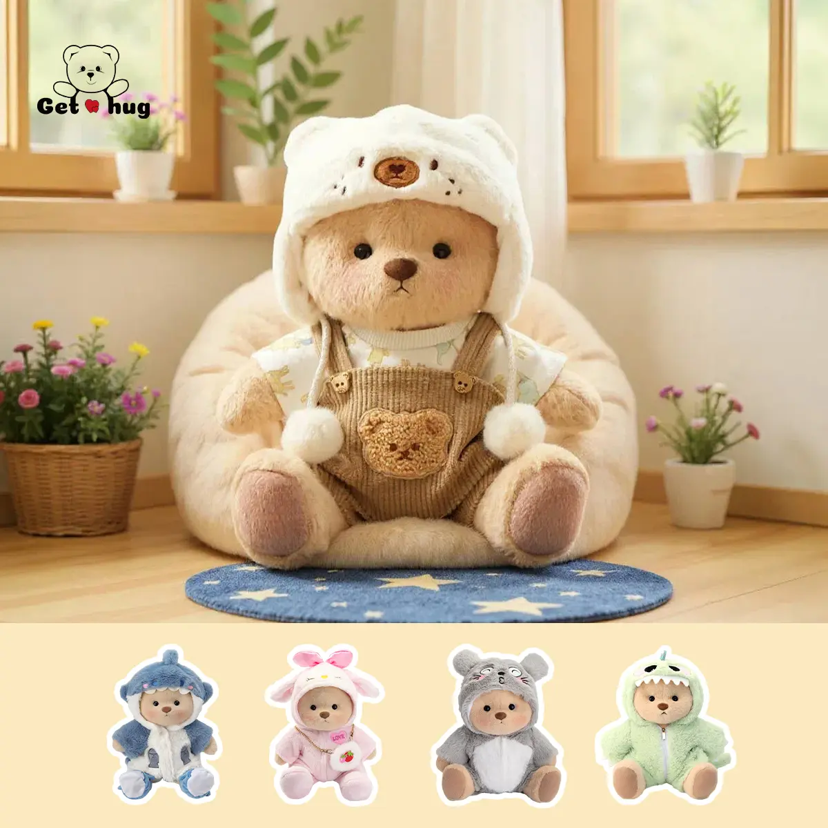 Getahug 12-inch Teddy Bear Plush Toy | Perfect as a gift for girls or girlfriends, full of summer vibes, comes with interchangeable outfits: plush hat, blue shark, pink dinosaur, plush elephant, and heart-shaped sweater. Medium. Build-A-Bear