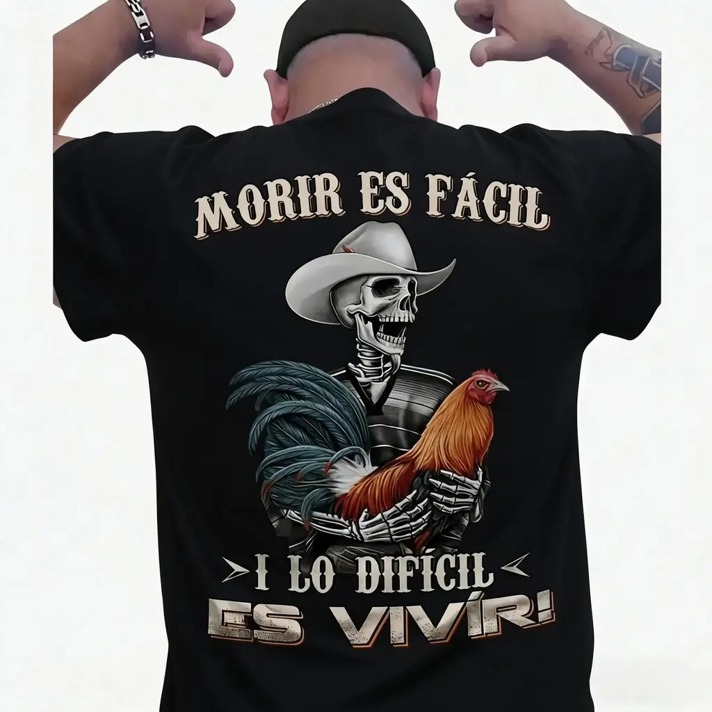 Moris Es Facil Mens Short-Sleeve Smooth T-Shirt, Mexican Style Rooster Gamefowl Graphic Top, Ideal Father's Day Gift for Men, Comfortable Menswear All-Season Sports Top