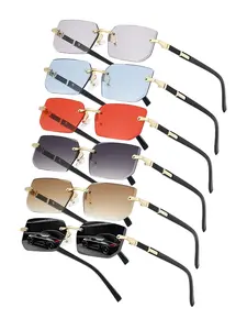 6 pairs of combination rectangular frameless fashion decoration gradient glasses, fashionable metal design, metal temple for increased durability,men's and women's fashion glasses, perfect for daily casual,travel essentials, Gradient Lenses