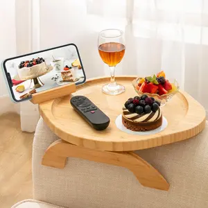 Bamboo Sofa Armrest Tray Table, 360° Phone Holder, Foldable Design, Ideal for Dining, Drinking, Snacking, Coffee Brewing, Convenient Storage