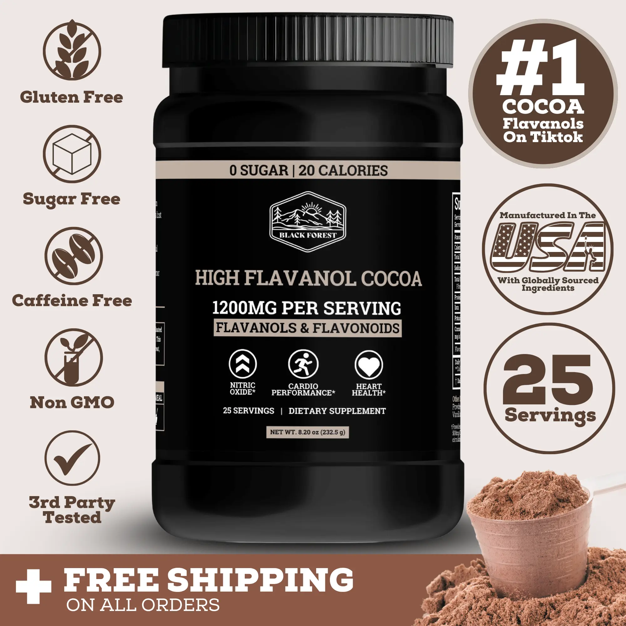 Black Forest Supplements Cocoa Flavanols & Flavonoids Powder - 1200mg per Serving, 600mg Epicatechin, Supports Circulation, Energy, Heart Health, Dark Chocolate Beverage Supplement