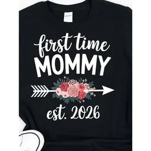 Women's First Time Mommy Est. 2026 Pregnancy Announcement T-Shirt - 100%25 Cotton Funny Mom-to-Be Gift with Floral & Footprint Design, Casual Round Neck Tee for Maternity Photos & Casual Attire, All-Season Comfort Fit,  double   Vintage Metalcore Graphic