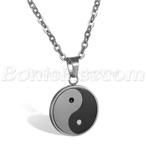 Men's Black Silver Stainless Steel Yin Yang Taiji Bagua Pendant Necklace Chain