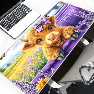 Cute Bow Highland Cow Gaming Desk Mat, Desktop Accessory, Decoration Protection Pad, Rubber Non-Slip Lock Edge Multi-Sized Pad, Suitable For Laptop Desktop Gaming Work Home, Ideal Gift For Family And Friends, Gaming Mousepad