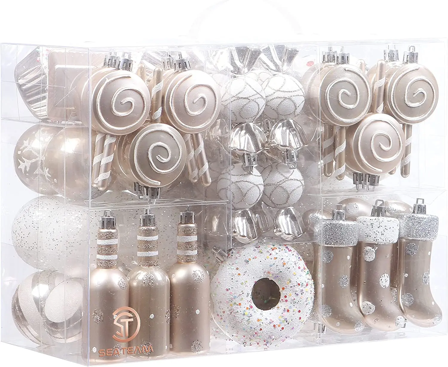 Sea Team 80-Pack Assorted Shatterproof Christmas Ball Ornaments Set Decorative Baubles Pendants with Reusable Hand-Held Gift Package for Xmas Tree (Champagne)
