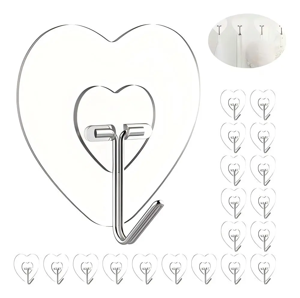 Heart Shaped Clear Adhesive Wall Hooks, Heavy Duty Transparent Self-Adhesive Hooks for Hanging Decor & Towels