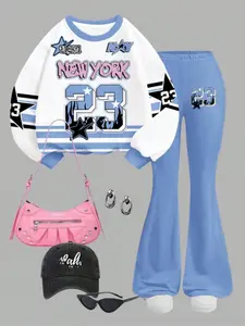 Girls' Sporty Round Neck Sweatshirt Set, Number 23 Print, World Cup Elements, Fall & Winter Casual Wear, Fitted Design, Perfect Gift