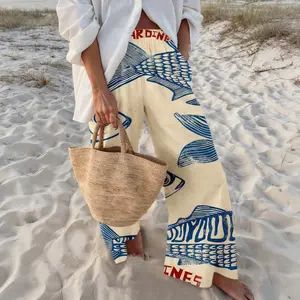 Women's Retro Nautical-Style Sardine Print Wide-Leg Pants with Contrasting Hand-Painted Prints Loose and Comfortable, They Exude a Literary and Vacation Vibe, Easily Creating a Casual Summer Look