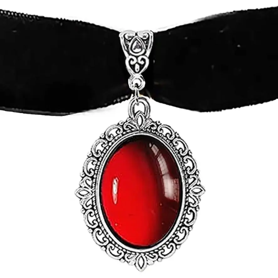 Gothic Choker Pirate Necklace for Women  Red Goth Necklaces Grunge Style Silver Finish Pewter Frame Pendant Witch Collar for Woman  Costume Jewelry Vampire Accessories for Maleficent Queen Witches, Evil Eye, Female Devil Demon Cabochon Antique Amulet