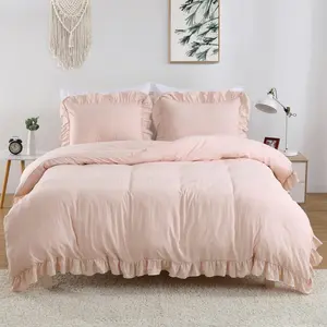 Pink Ruffled Twin Duvet Cover Set, 2PCS Soft Washed Microfiber Vintage French Country Design for Kids Girls, 68x90 in, Adorable Comfort & Easy Care