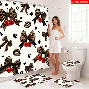 1PC/4PCS Leopard Print Cherry Bows Shower Curtain Set, Home Bathroom Decoration, Waterproof Fabric with 12 Hooks, Non-slip Bathroom Rug, U-shaped Toilet Mat, Toilet Lid Mat, Bathroom Decor, Holiday Decoration, Bathroom Decoration Accessories