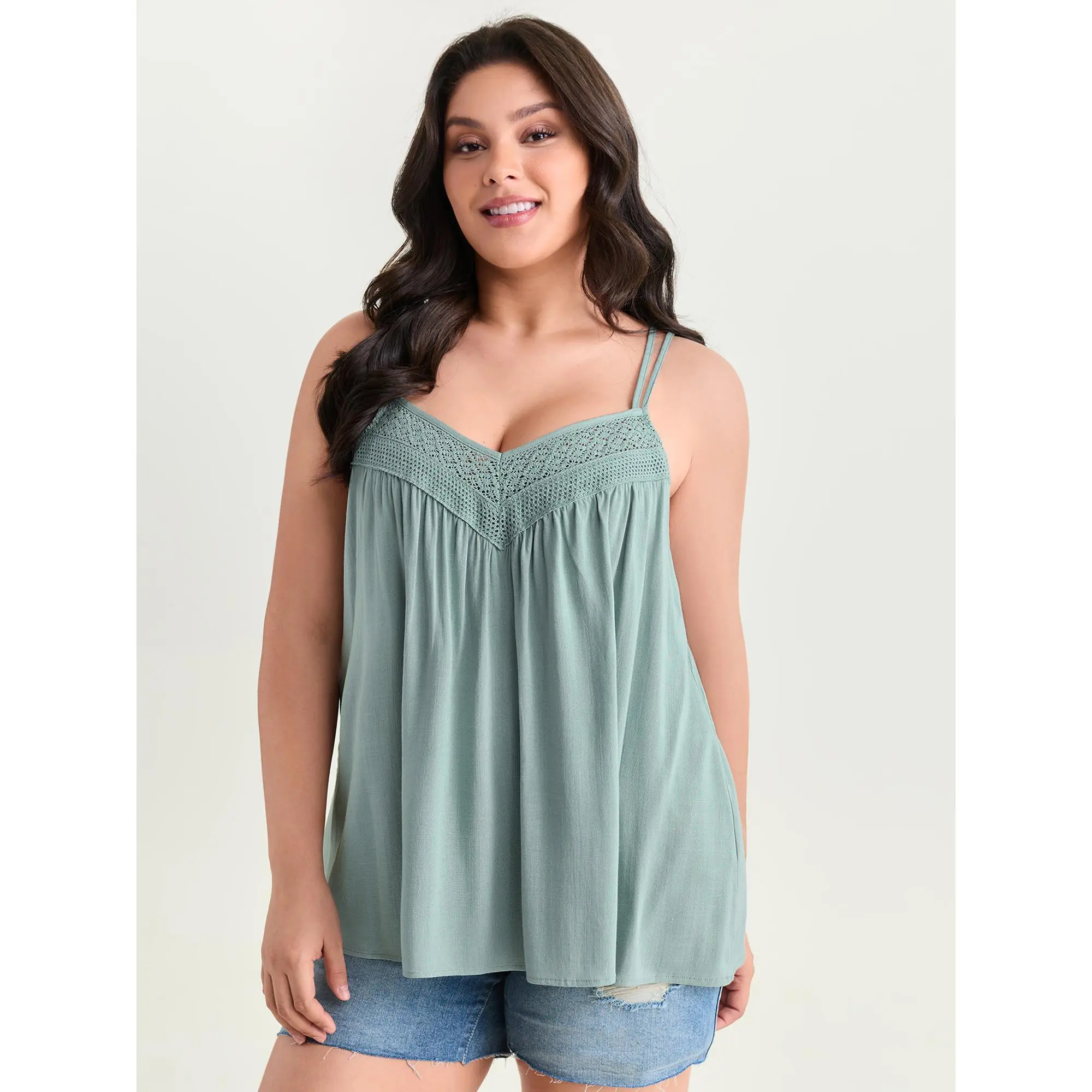 BloomChic Women's Plus Size Fit Tank Tops - Casual Solid V-Neck Lace Trim Rayon with Spandex, Low Iron, 30/6X Curvy Summer Garment, Sleeveless Freedom, Classic Basic, Casual Leisure