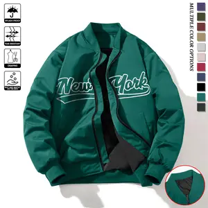 Men's casual baseball jacket with New York letter print and baseball collar - softshell thin zipper outdoor hiking jacket, polyester fabric with lining, functional pockets, suitable for urban street style