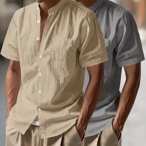 2-Pack Men’s Linen Blend Short Sleeve Shirt, Stand Collar, Single-Breasted with Chest Pocket, Breathable Lightweight Summer Top, Suitable for Beach Vacations and Everyday Casual Wear