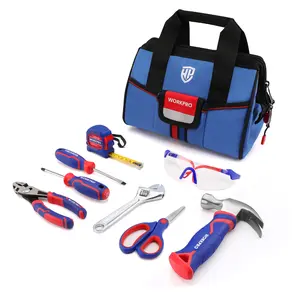 #Summervibes WORKPRO 9-Piece Kids Real Hand Tool Set, Blue Junior Tool Kit with Storage Bag for Boys, Girls, Children DIY Building and Woodworking, Age 8+