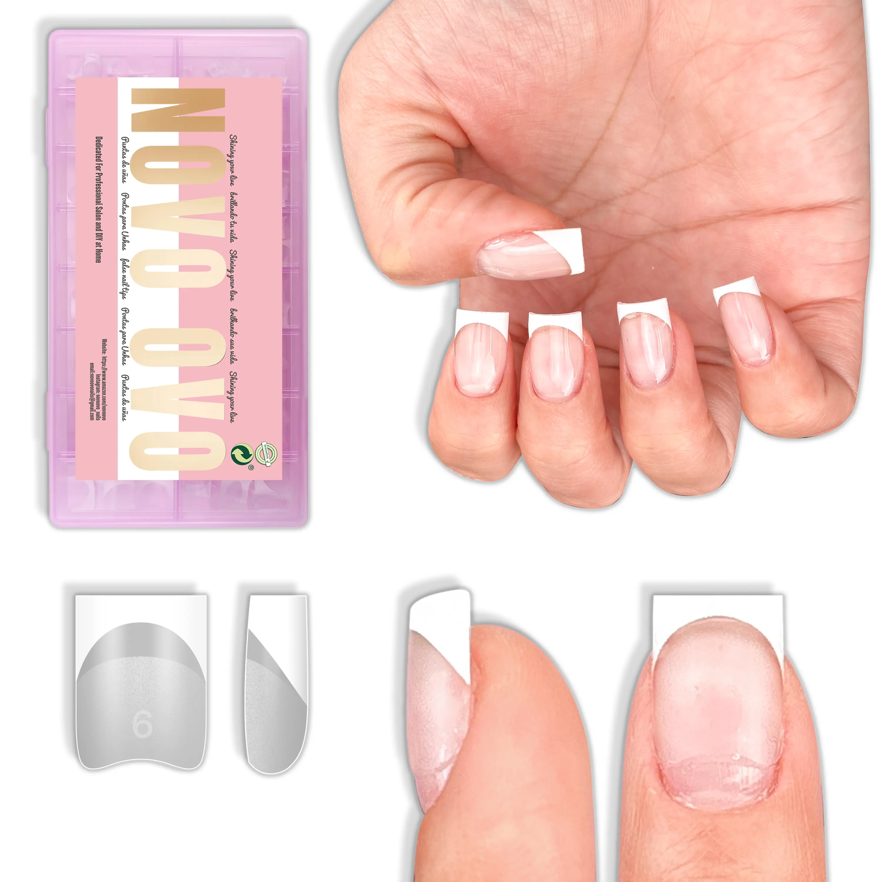 NOVO OVO White French Tip Or Clear Nail Tips, Pre-Painted Short Square Half Cover Soak-Off Soft Gel Press on Nails for DIY Acrylic Extensions, 224 Pcs, 16 Sizes, Diy Fake Nails, Beauty Products【No glue, top coat, or UV lamp】