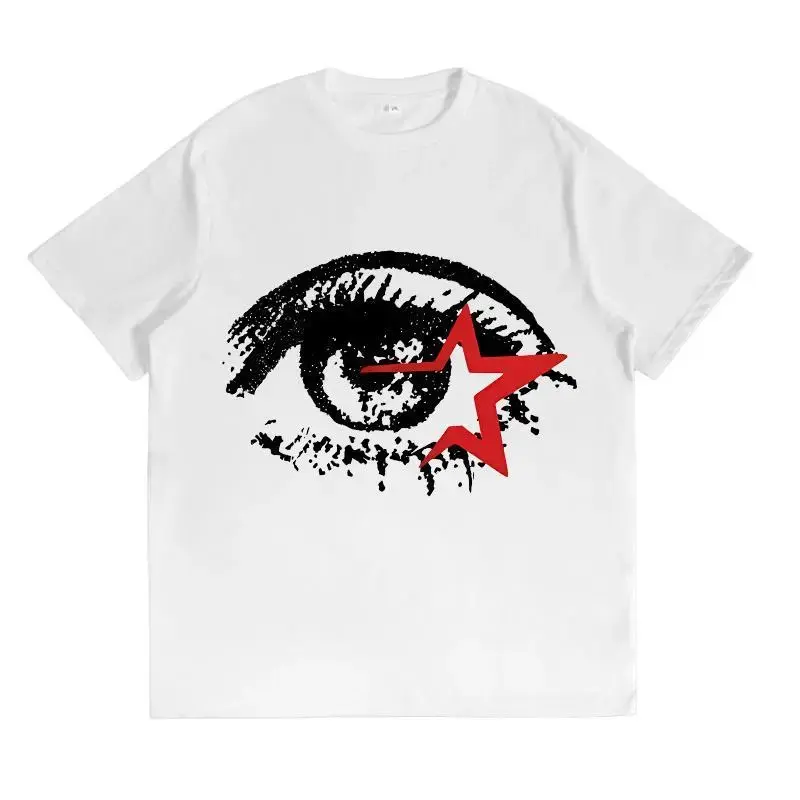 Men's Y2K Fashion T-Shirt Large Eye Print Round Neck Loose Fit Summer Streetwear Cotton Unisex Casual Printed Pattern T-shirt