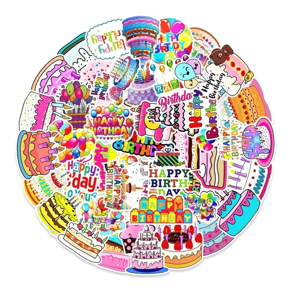 50 Pack of Happy Birthday Party Stickers. No Duplicates and Waterproof