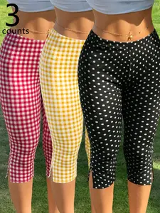 3-Pack Women's Plaid Polka Dot Seven-Eighths Casual Fashion Bottoms, Elastic Split Seven-Eighths Fitted Casual Pants, Perfect for Spring Summer
