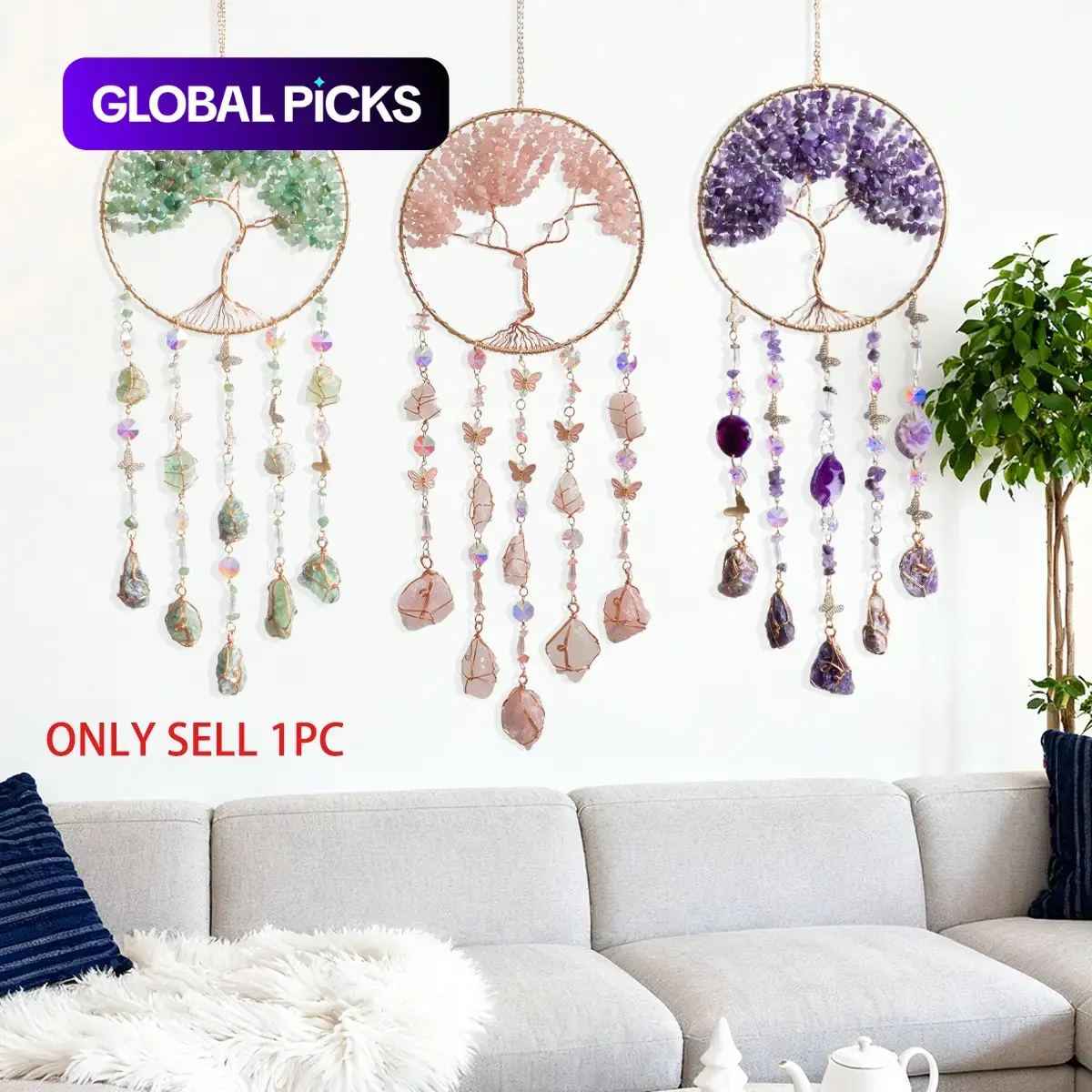 Tree of Life Dreamcatcher Sun-Catcher Wall Hanging, Natural Stone and Copper Wire Butterfly Crystal Pendant, Elegant Home Decor Items Hanging Decoration Gift #GLOBAL PICKS