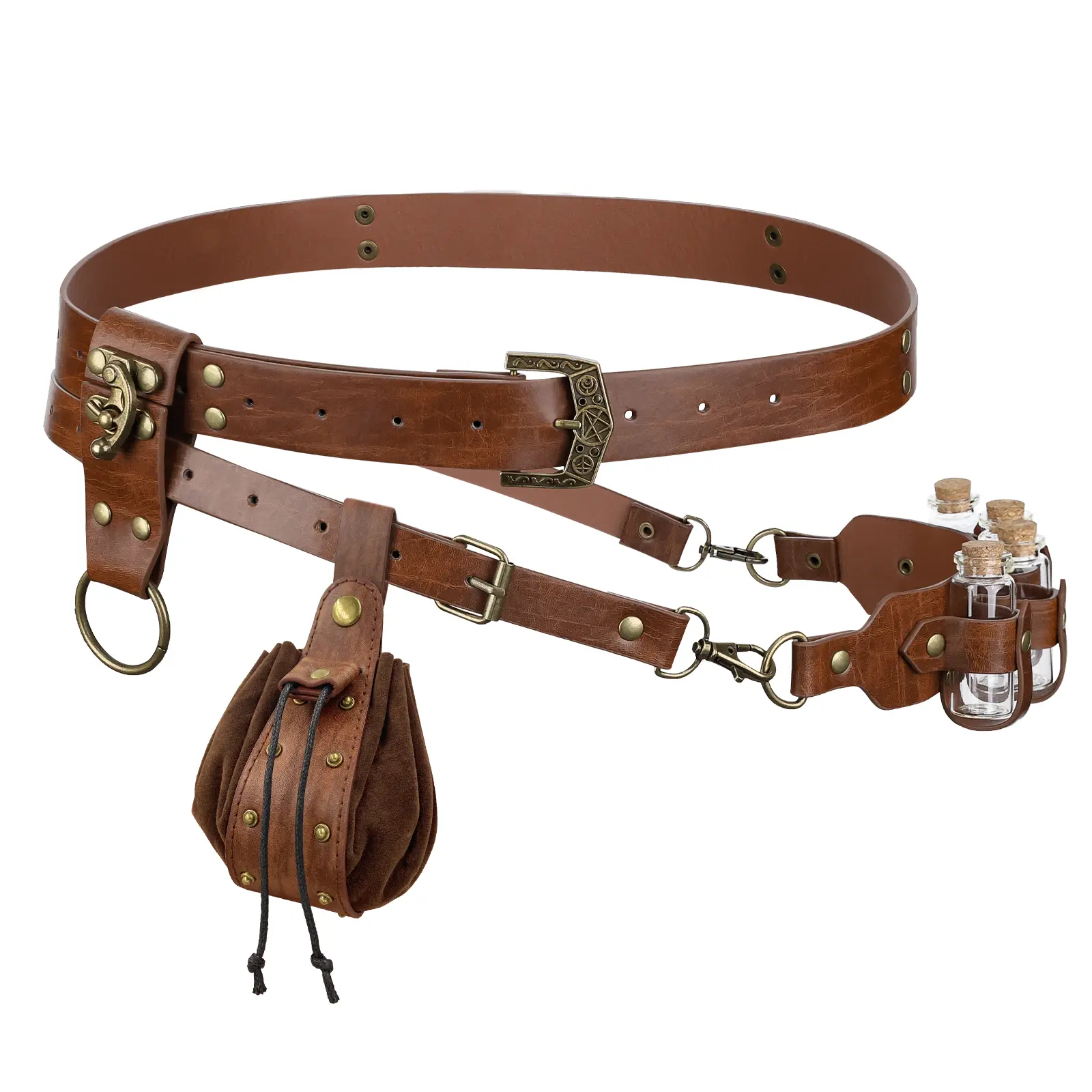 HiiFeuer Unisex 4-Piece Renaissance Vintage Fantasy Belt Set - Plain PU Leather Adult Costume Accessory with Potion Vials, Skirt Hike, Drawstring Pouch