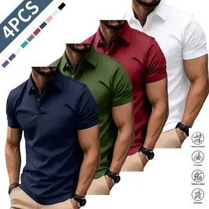 #Summervibes Men’s 4-Piece Polo Set – Men’s casual polo shirt, solid color button-up basic, versatile, men’s bowling/golf clothing, suitable for everyday wear, summer business style Plain Top