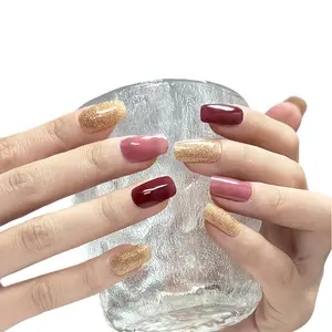 PELCAS Burgundy Rose Gold Glitter Semi Cured Gel Nail Strips - Salon Quality at Home! 20PCS UV Gel Nail Wraps, UV/LED Light Cure, Long Lasting & Easy Removal