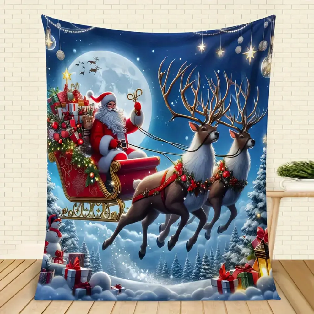 Santa Sleigh Reindeer Blanket, Soft Flannel Throw Blanket with Christmas Moon Snow Forest Gift Print, Cozy Holiday Gift for Kids Women Men Family, Christmas Home Decor for Bed Couch Sofa, Lightweight Warm Throw