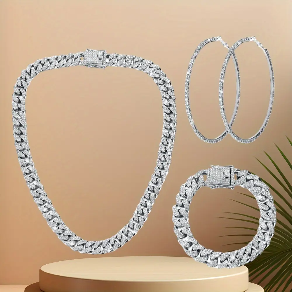 3pcs Cuban Link Chain Necklace Bracelet Rhinestone men stud earring shiny jewelry