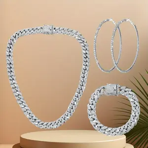 3pcs Cuban Link Chain Necklace Bracelet Rhinestone men stud earring shiny jewelry outdoorfun