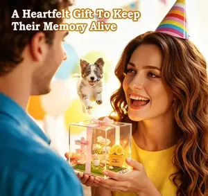 Pet Memory Keepsake Box with Custom Dog/Cat Statue, LED Lit Memorial Display Case --Death is not the end; forgetting is