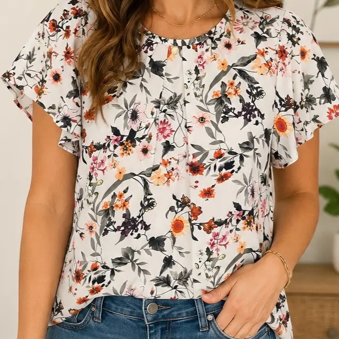 Women’s Floral Flutter Sleeve Blouse Chic Breathable Casual Everyday Fashion