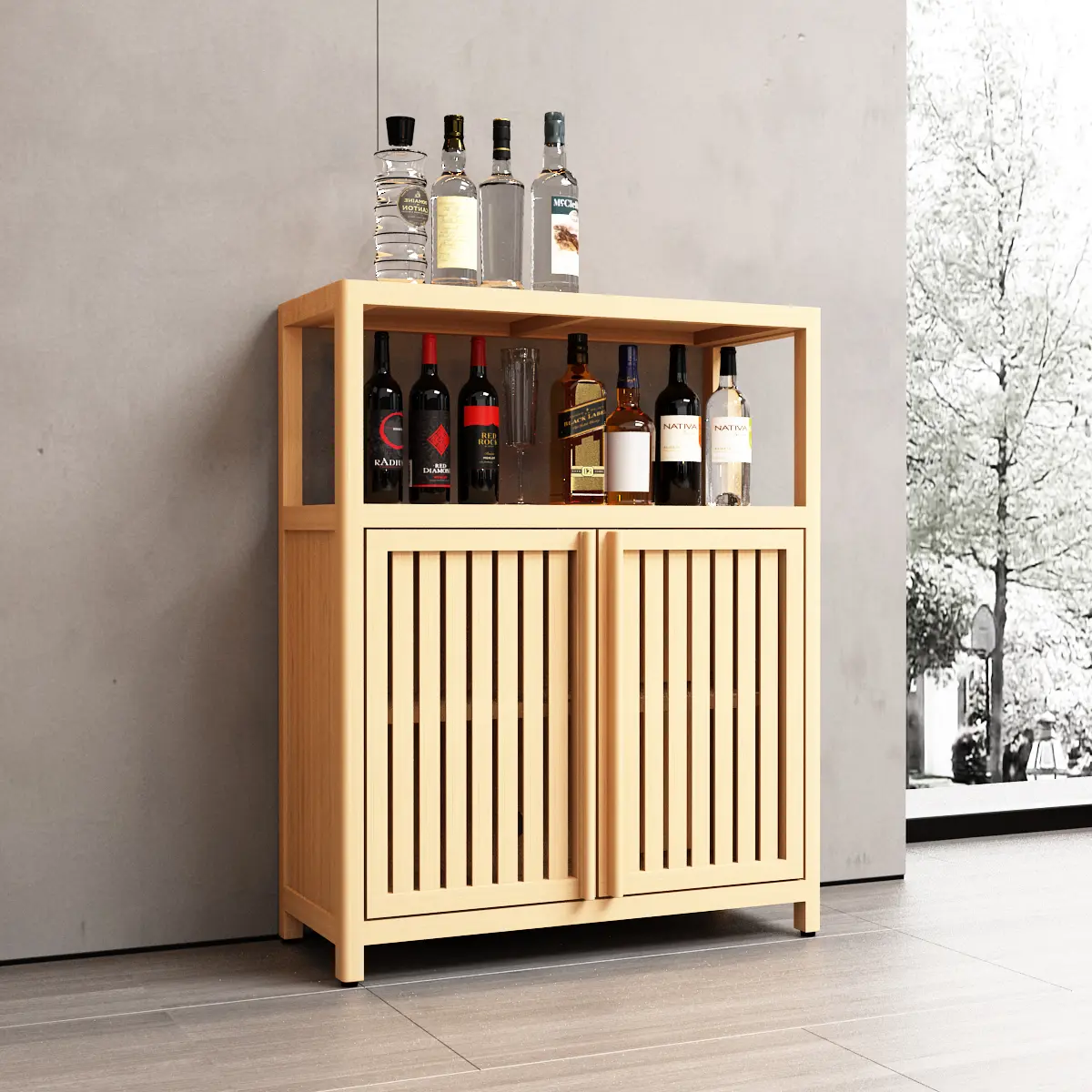 Rustic Natural Bamboo Floor Standing Storage Cabinet with Wood Grain Shelves, Moisture-Proof Large Capacity Durable Indoor Cupboard (24.57x10.75x32.09in, 20.00lbs, Easy Assembly) for Bathroom, Living Room