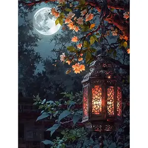 Beginner DIY Digital Oil Painting Kit, Moonlit Lampshade & Ancient Lanterns, 16x20 Inch Unframed, Home Wall Decor Gift