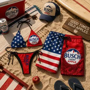 Busch L!ght Apple Inspired Couple Swimwear – USA Flag Patriotic Bikini & Men’s Hawaiian Beach Shorts, Summer Pool Party Vacation Set