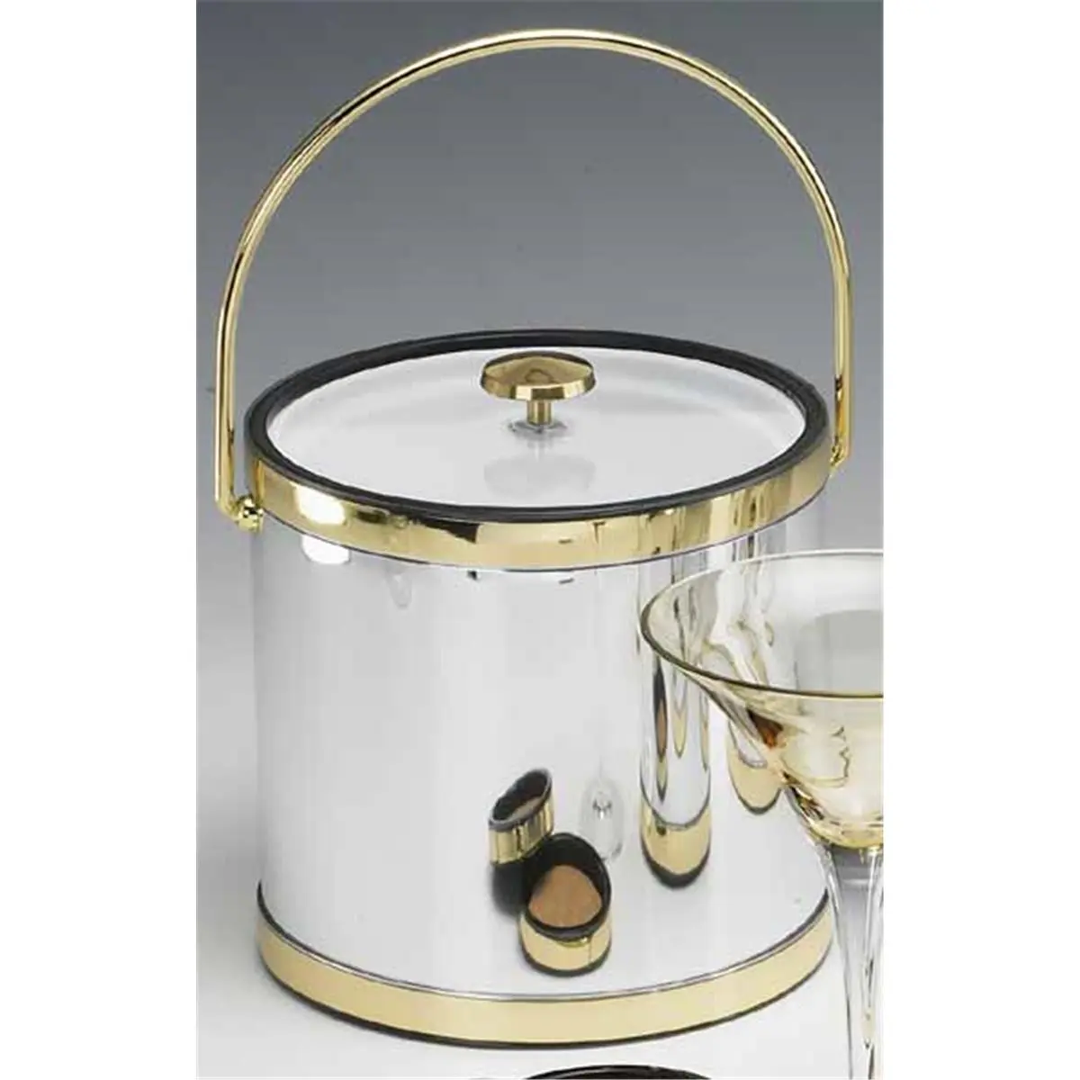 Kraftware 75964 Indoor 3-Quart Mylar Polished Chrome and Brass Ice Bucket with Bale Handle, Lucite Cover, Flat Knob, Bar Utensils